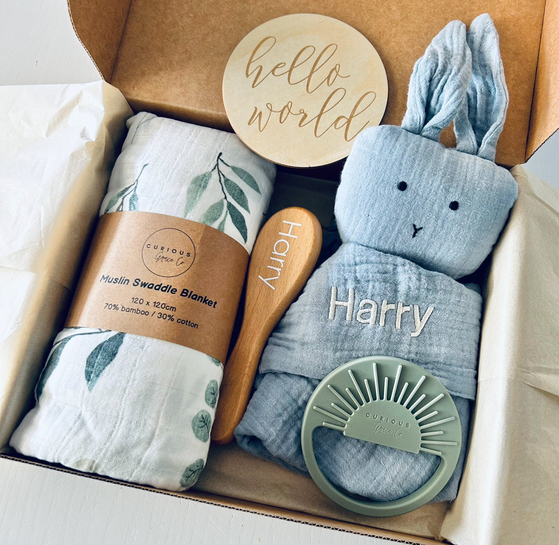 Newborn personalised gifts, blue gift box with babies name embroidered