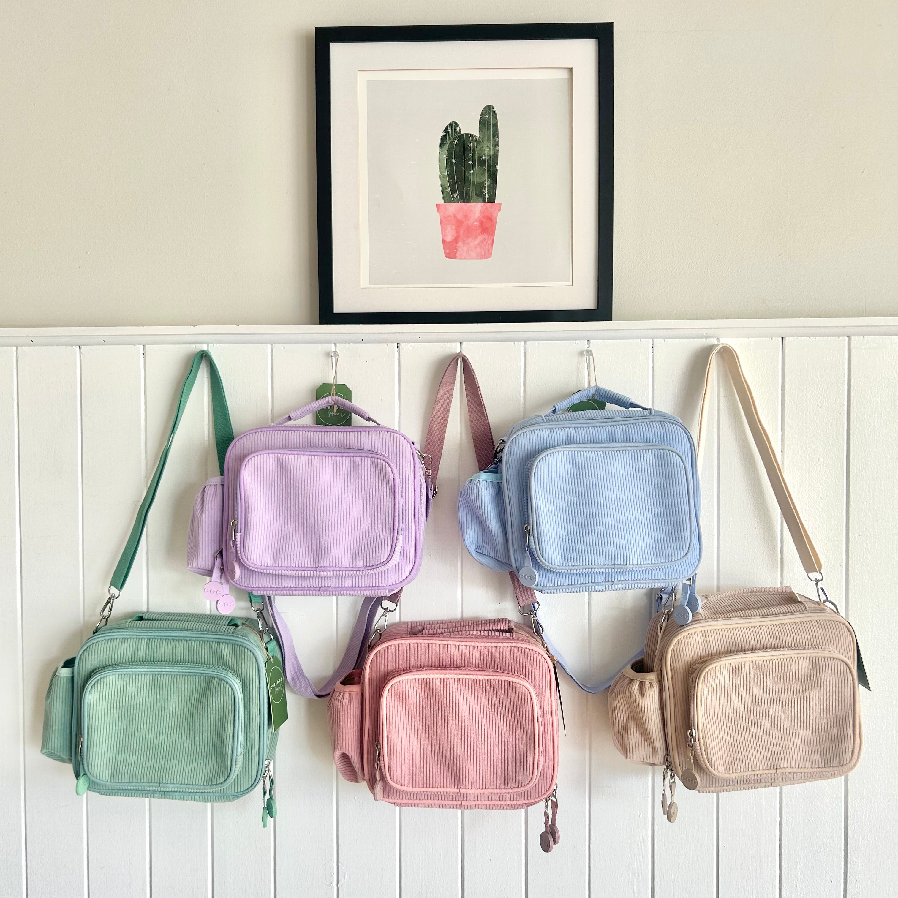 Corduroy lunch bag with personalised option in purple, blue, green, pink & beige. Perfect for child care, kindy, prep & school.