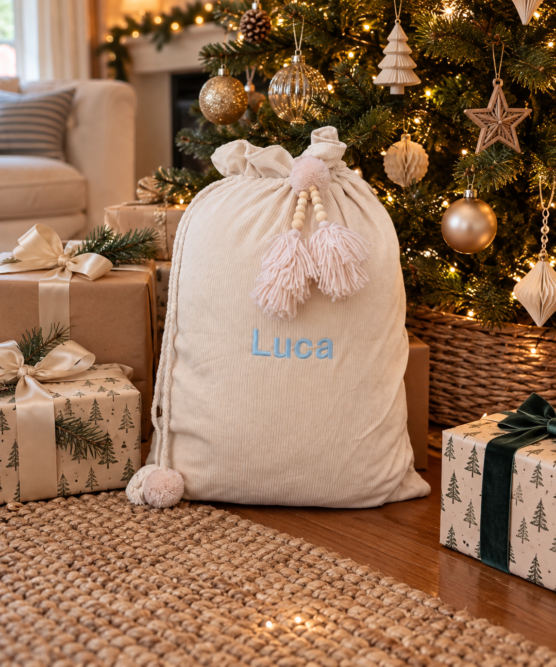 Cream personalised corduroy Santa sack with blue embroidered name and rope drawstring