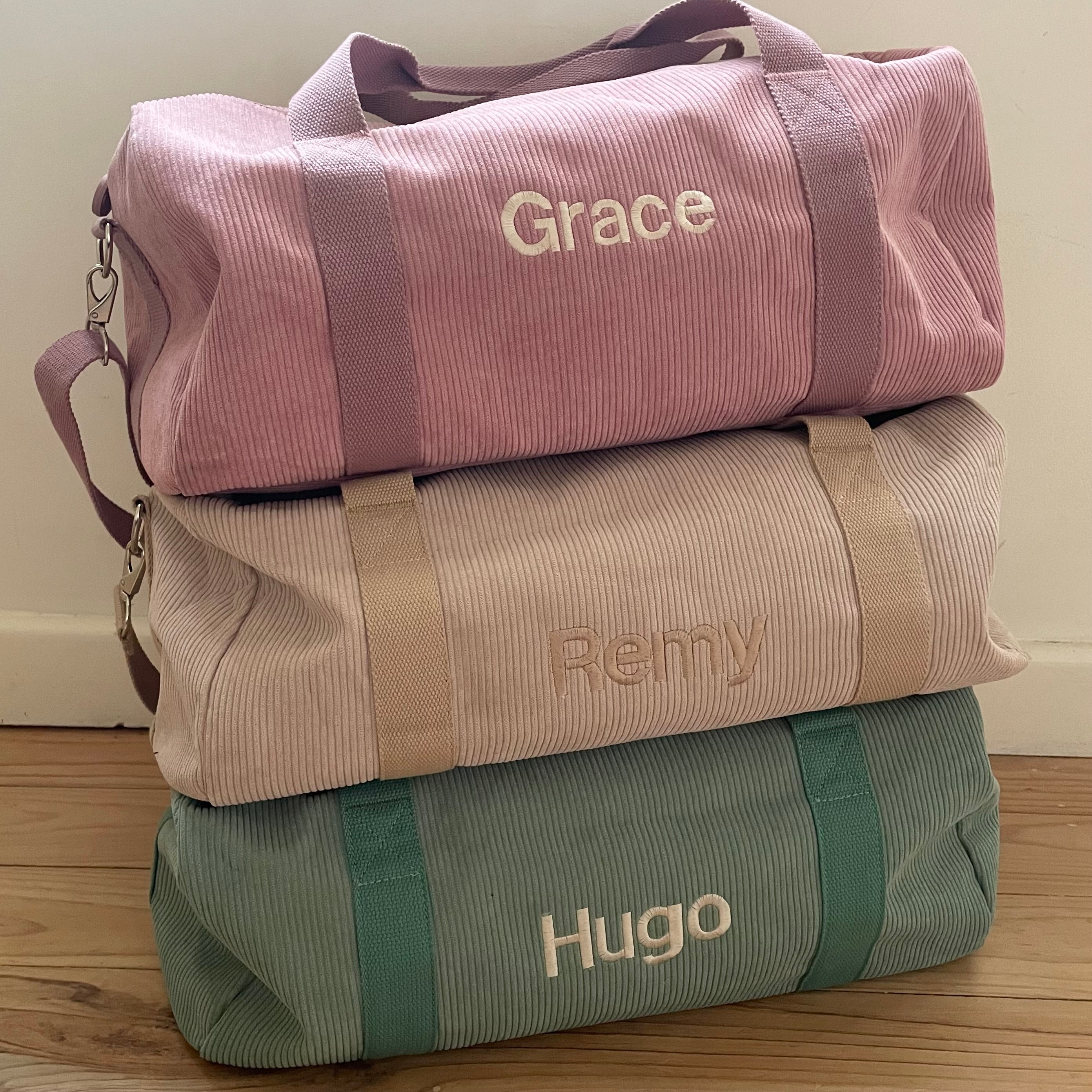 pink, beige and green overnight duffle corduroy bags by Curious Grace Co.