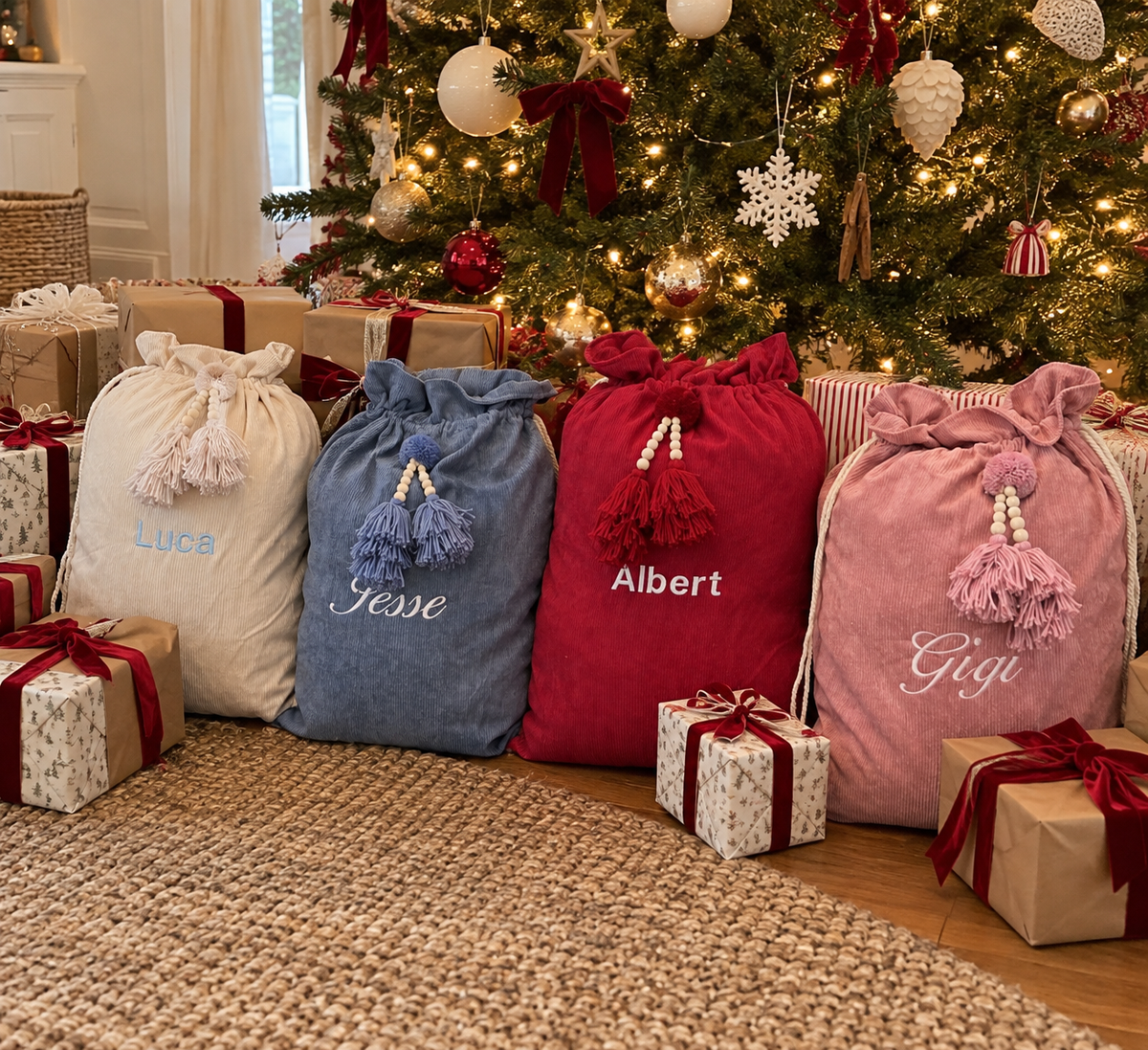 Four personalised corduroy Santa sacks in cream, blue, red and pink with embroidered names under a Christmas tree