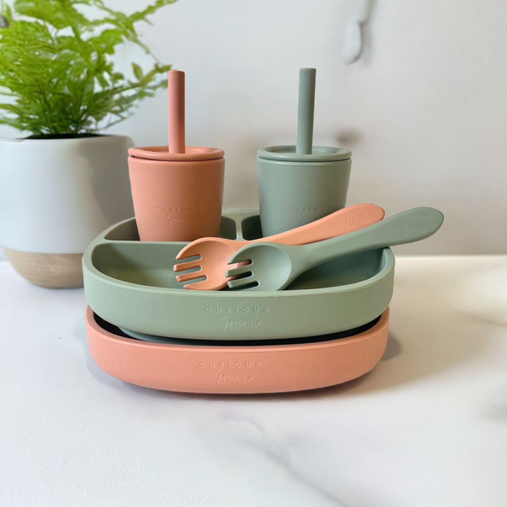 Cheap silicone baby feeding divider plate, cup and fork set in sage and pink