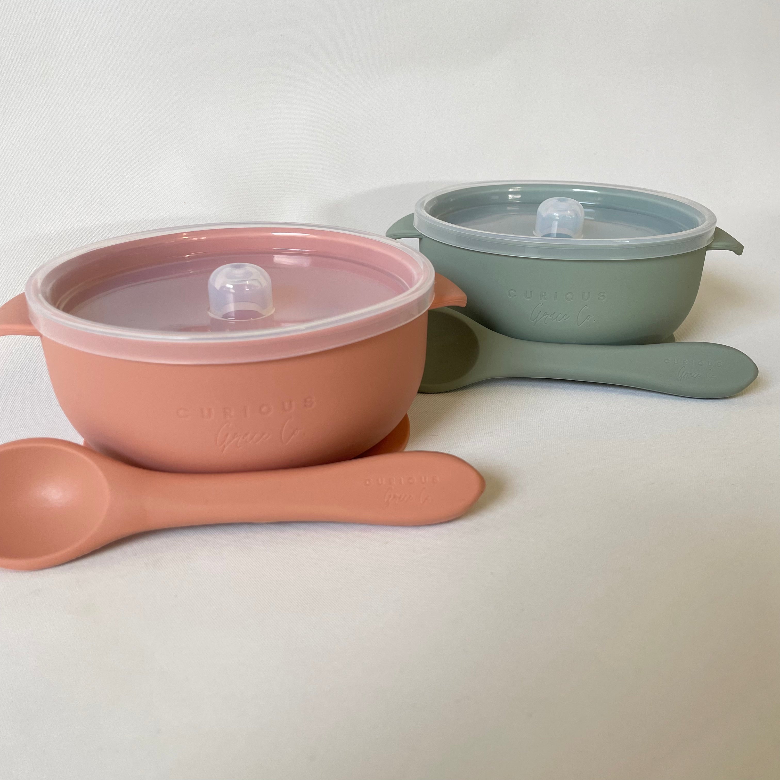 Cheap Silicone bowl and spoon set with lid in pink and sage