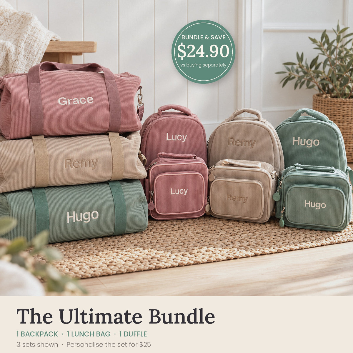 Ultimate Corduroy Bag Bundle with personalised duffle, backpack and lunch bag in pink, beige and sage green
