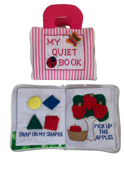 pink and white stripe cloth activity book with coloured shapes and vecro apple tree