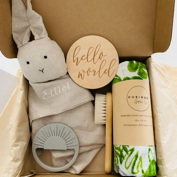 Unique Personalised Newborn Gift Box in beautiful neutral grey and sage tones
