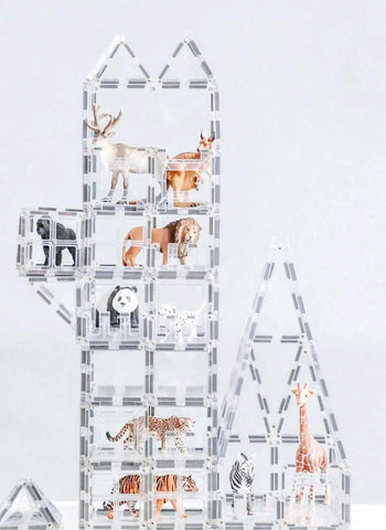 clear magnetic tiles on sale, compatible with connetix. Image shows clear magnetic tiles using animals for creative play