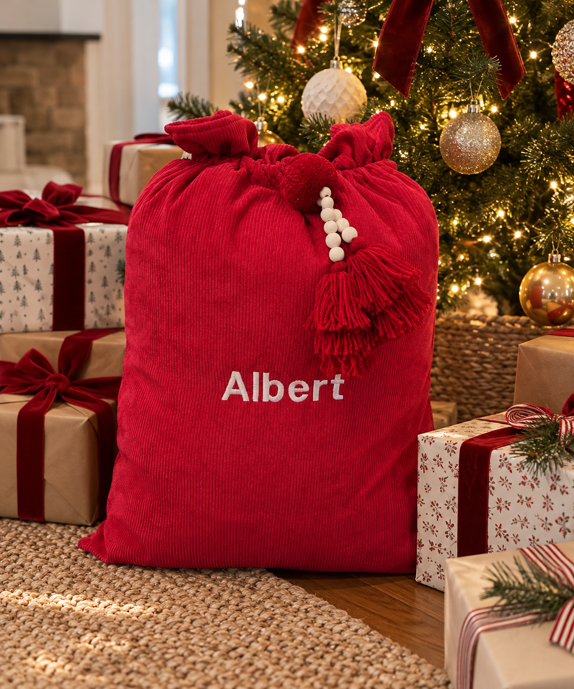 Red personalised corduroy Santa sack with embroidered name, beaded tassels and pom-pom