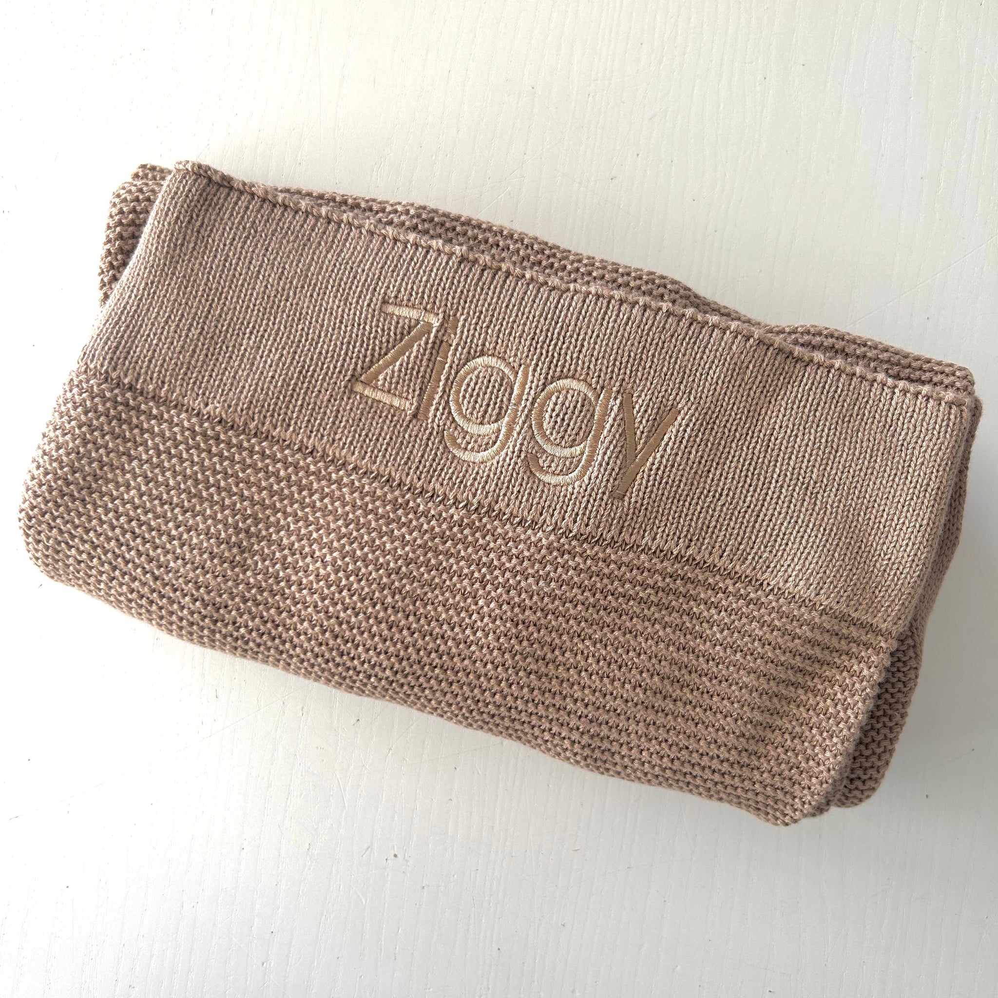 Personalised gift for baby Ziggy. special brown blanket embroided with babies name on sale! 