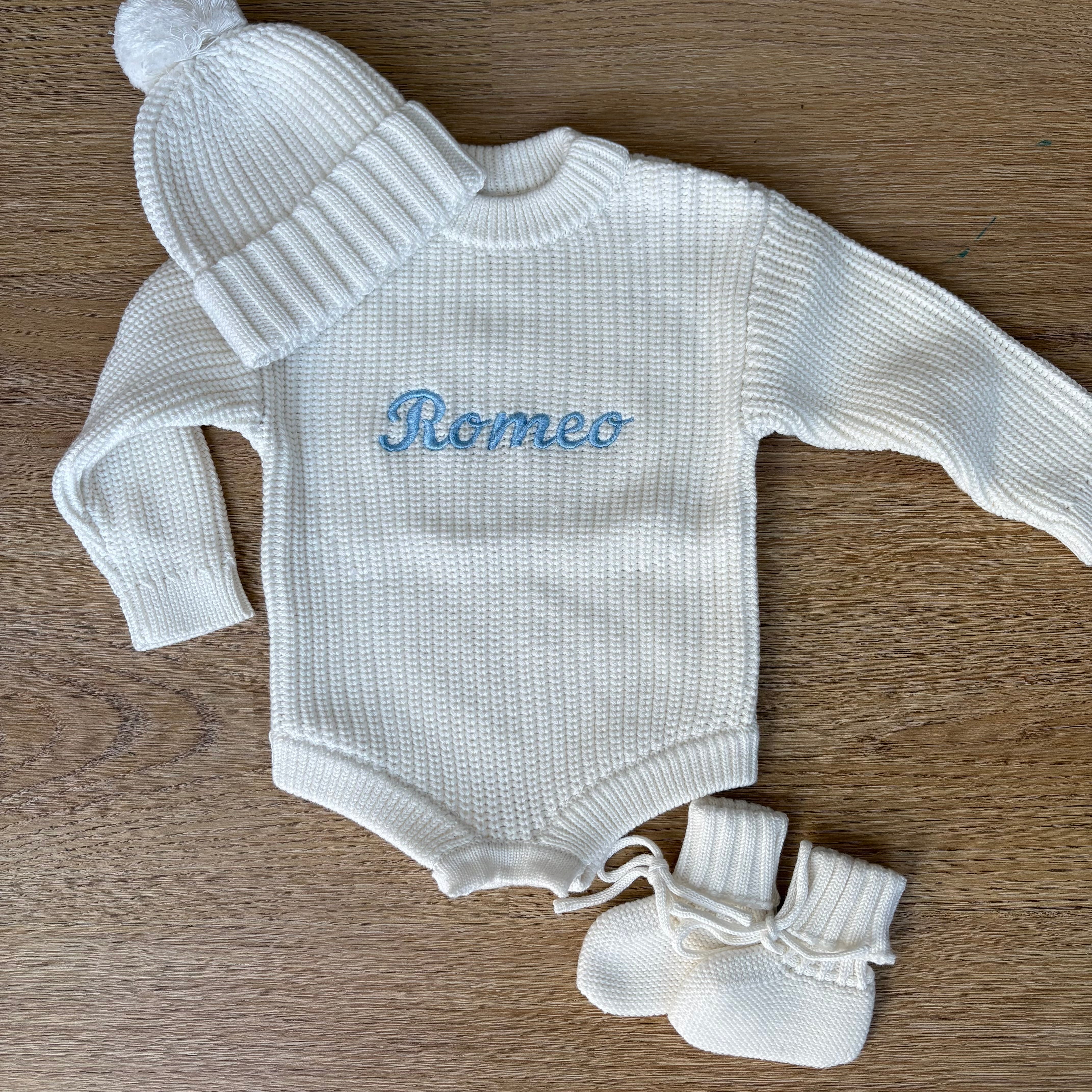 Knit Romper, Beanie & Booties (with personalised option)
