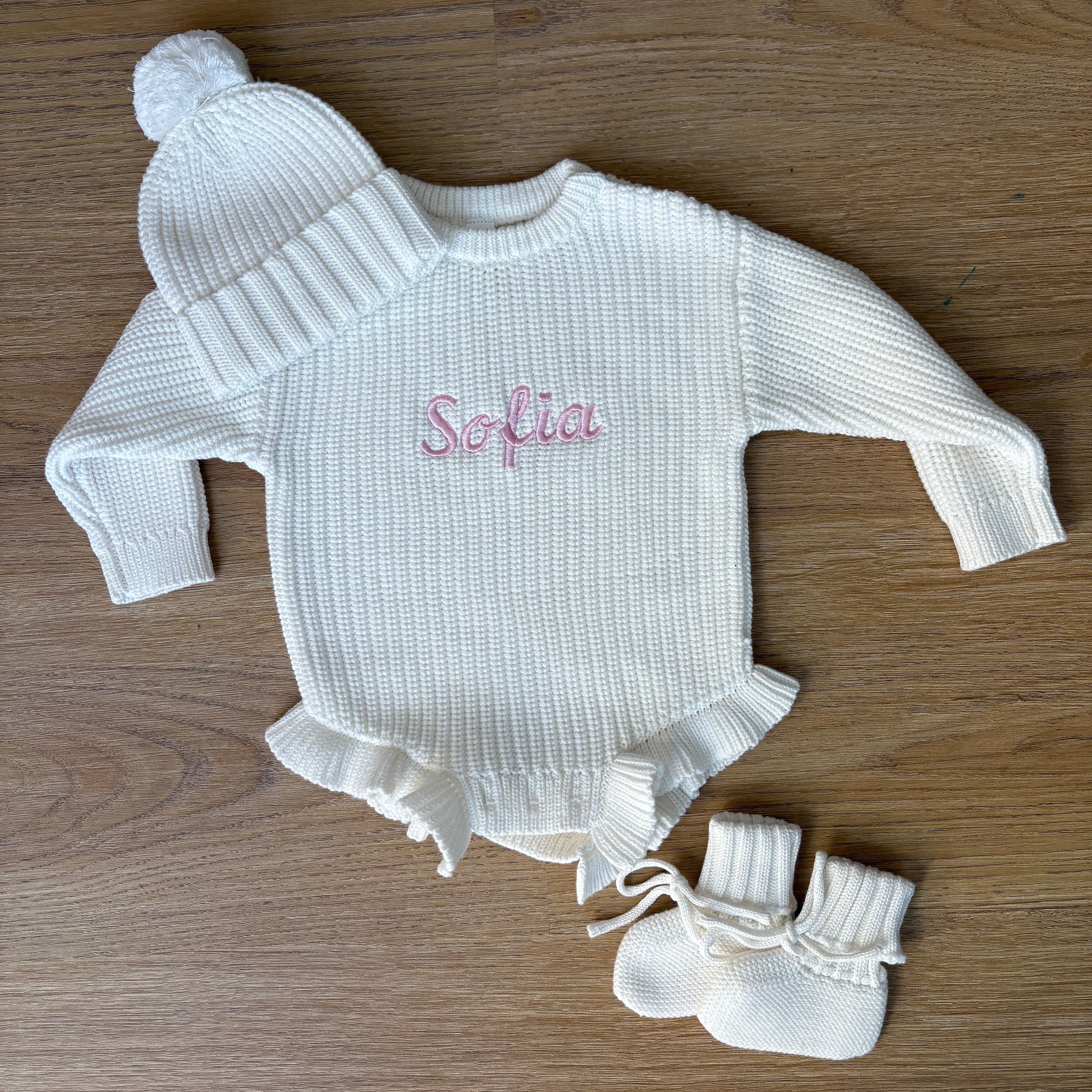Knit Romper, Beanie & Booties (with personalised option)