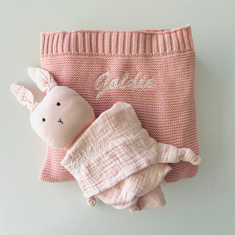 Personalised gift for baby Goldie. special pink blanket and comforter bunny embroided with babies name on sale! 
