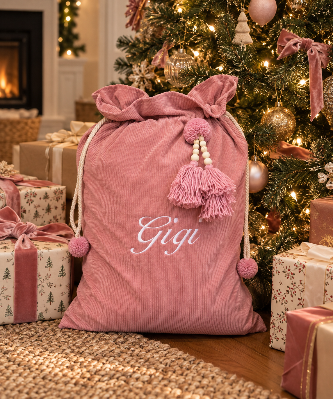 Pink personalised corduroy Santa sack with script embroidered name and beaded tassels under the Christmas tree