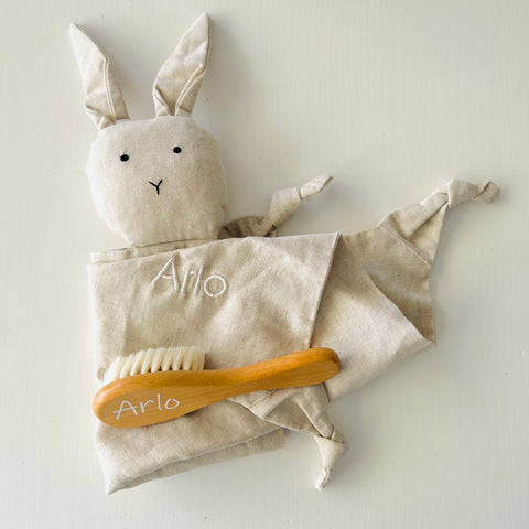 Personalised gift for baby Arlo. special beige bunny comforter and brush personalised with babies name on sale! 