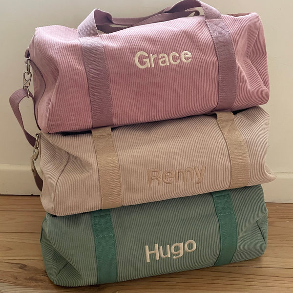 pink, beige and green overnight duffle corduroy bags by Curious Grace Co. 