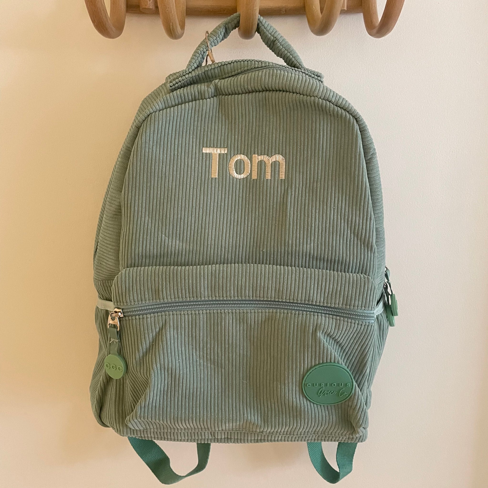 Personalised corduroy Backpack for Tom in green