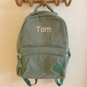 Personalised corduroy Backpack for Tom in green