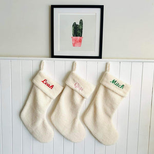 Personalised Christmas Stocking with stunning red, green and pink embroidery on a teddy bear Christmas stocking by Curious Grace Co.