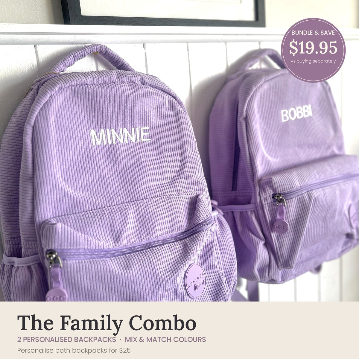 Family Combo: two lilac personalised corduroy backpacks embroidered with Minnie and Bobbi