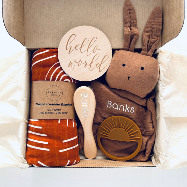 Unique Personalised Newborn Gift Box in neutral Brown tones