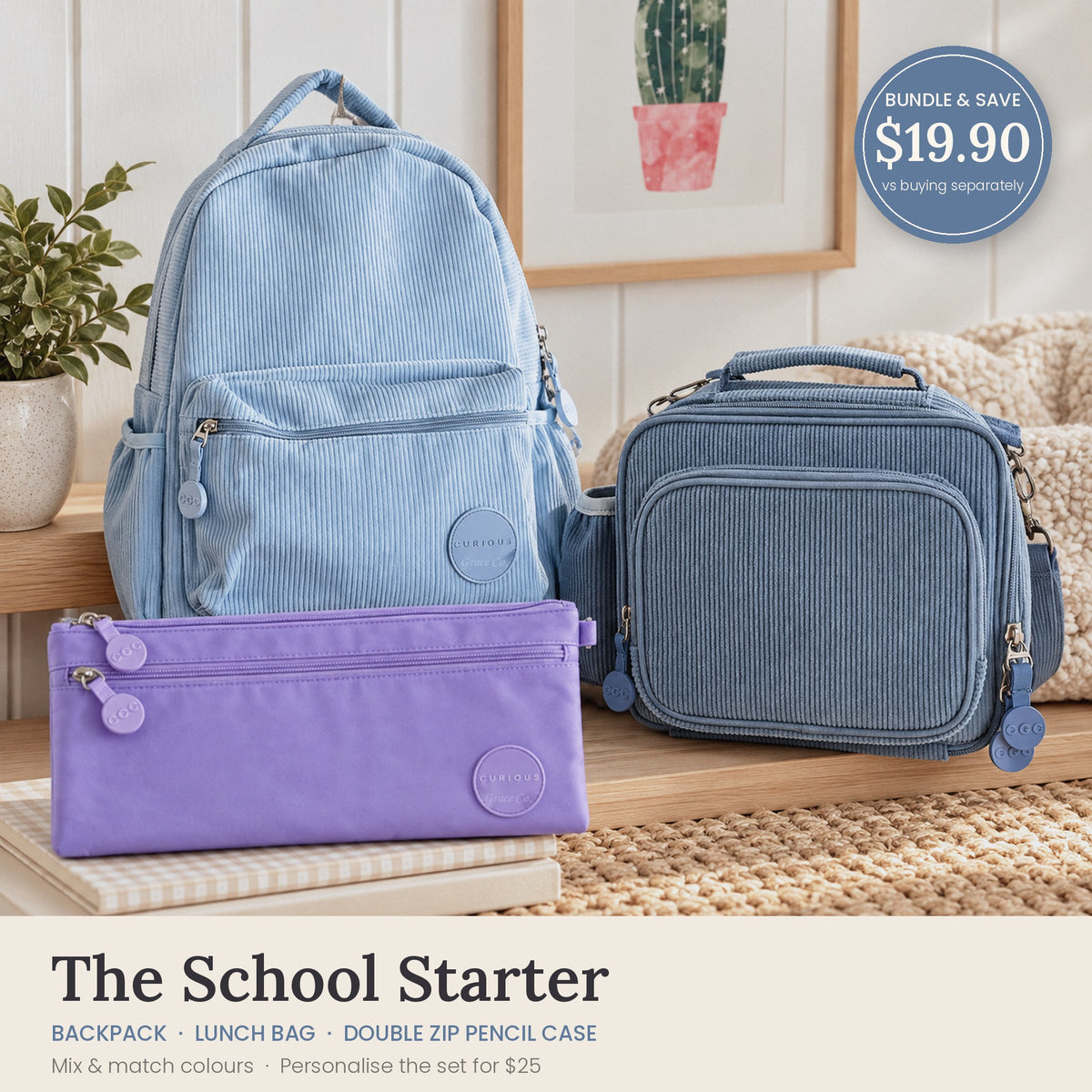 School Starter Bundle: blue corduroy backpack, insulated lunch bag and purple double zip pencil case