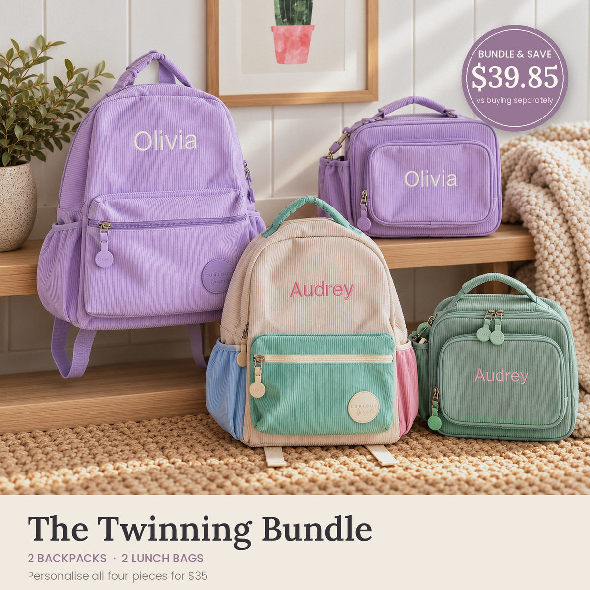 Twinning Bundle: two personalised corduroy backpacks and lunch bags embroidered with Olivia and Audrey