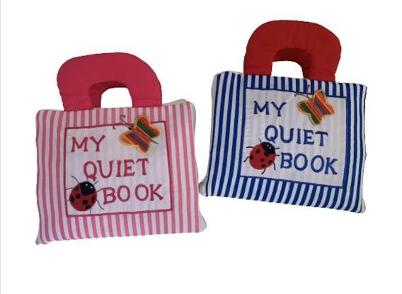 pink and white and blue and white cloth activity quiet books 