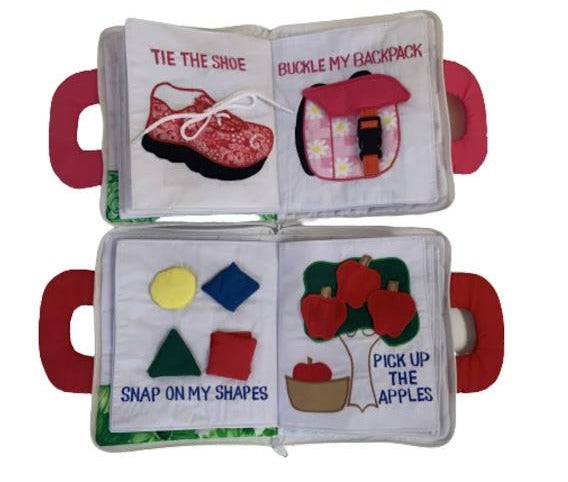 cloth activity books with tie the shoelace, buckle a backpack, match shapes and pick velcro apples