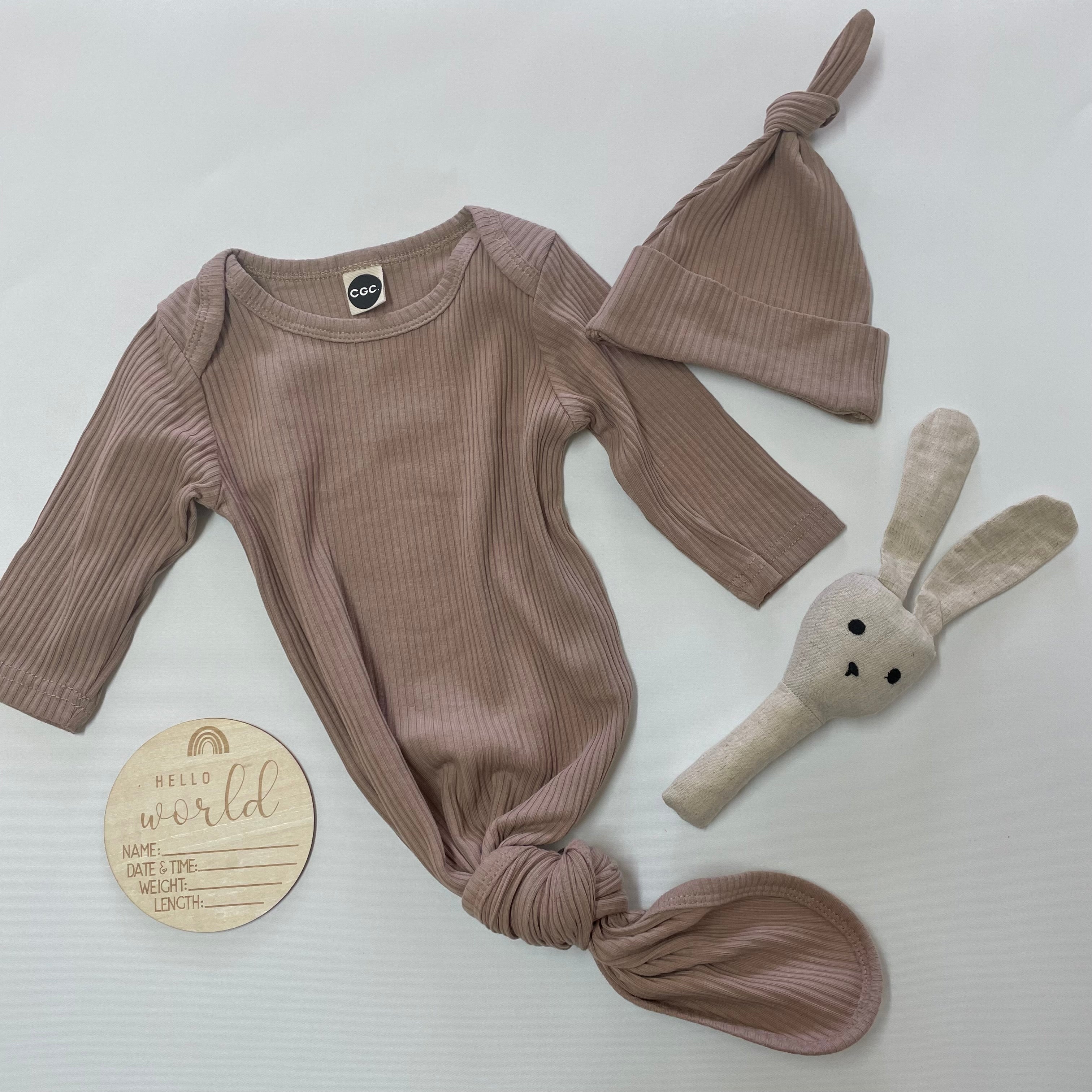 cheap newborn baby announcement set. Adorable ribbed cotton sleeping bag with beanie, baby details disc and rattle 