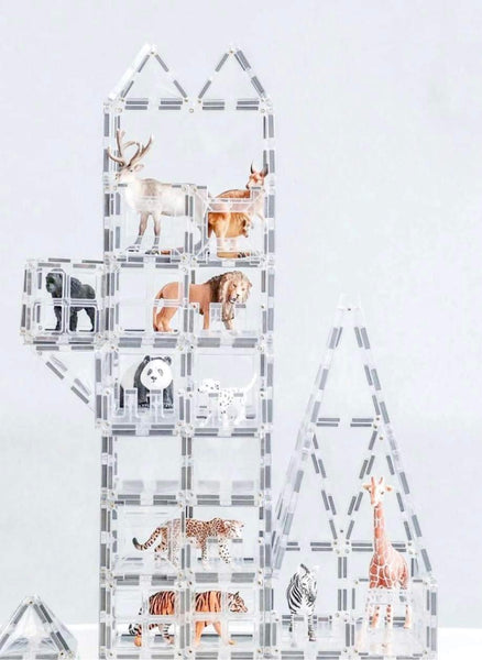 clear magnetic tiles on sale, compatible with connetix. Image shows clear magnetic tiles using animals for creative play