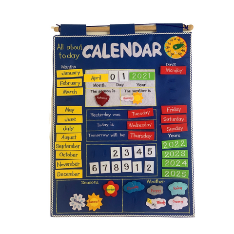 Large material educational wall hanging with a calendar all about the day including day, date, weather, season, temperature, year